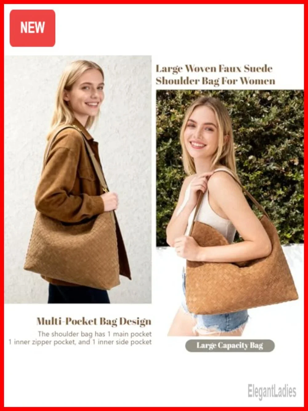 Woven Suede Hobo Bag - Slouchy Tote Shoulder Bag for Work Travel